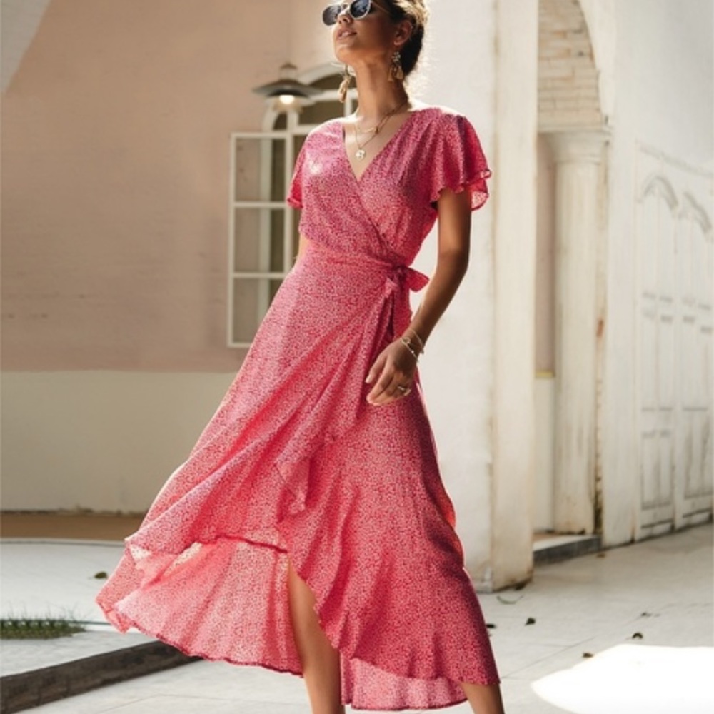 Brand new! Anthro Red printed wrap maxi dress slip - Picture 2 of 6